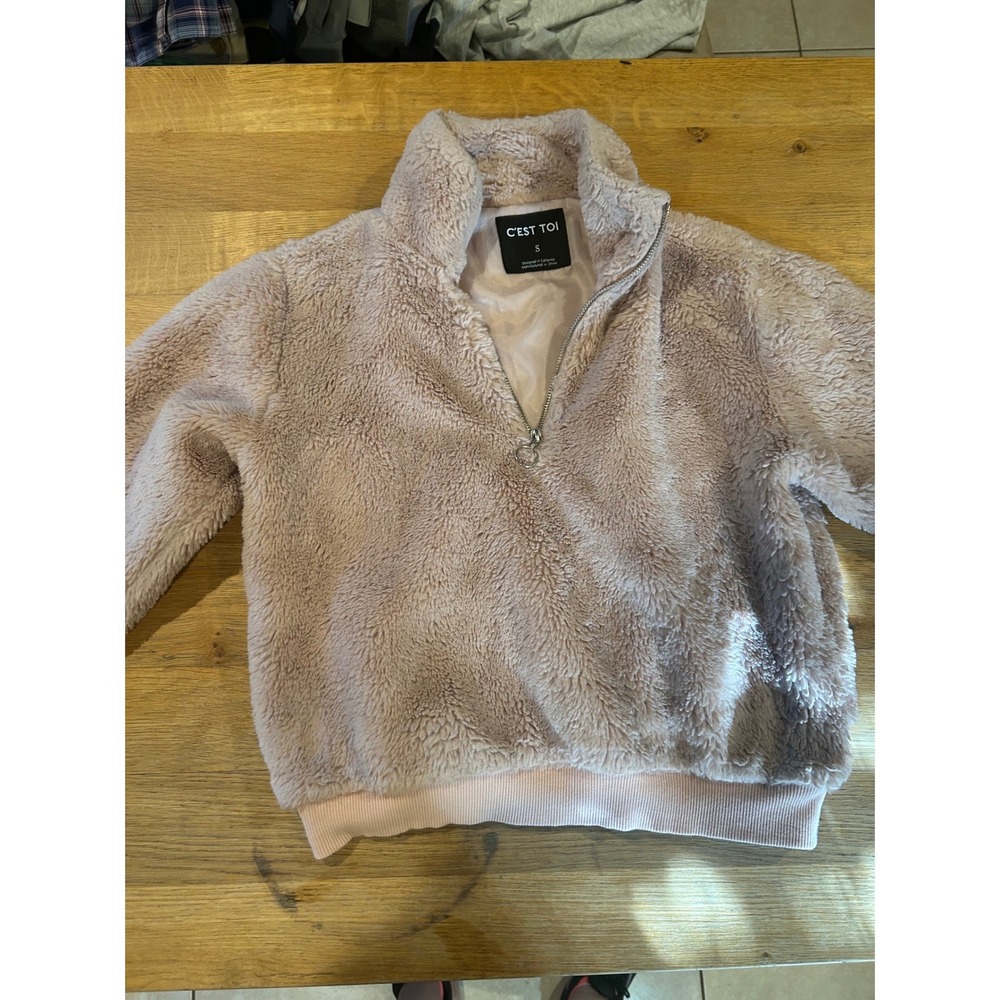 C'est Toi Womens Pink Faux Fur Teddy Fleece Quarter Zip Pullover Sweatshirt S